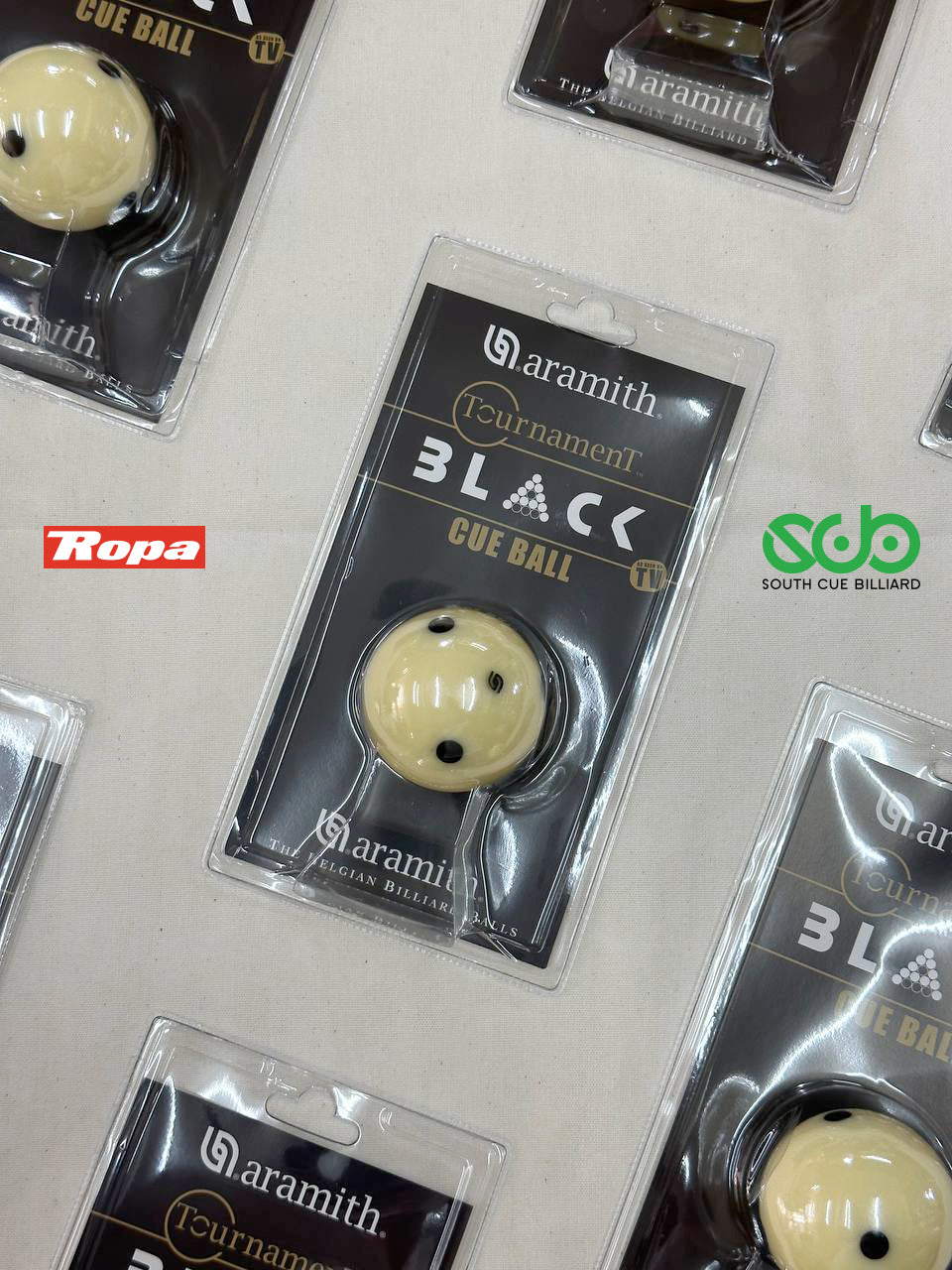 Aramith Tournament Black Cue Ball 6 Dot logo